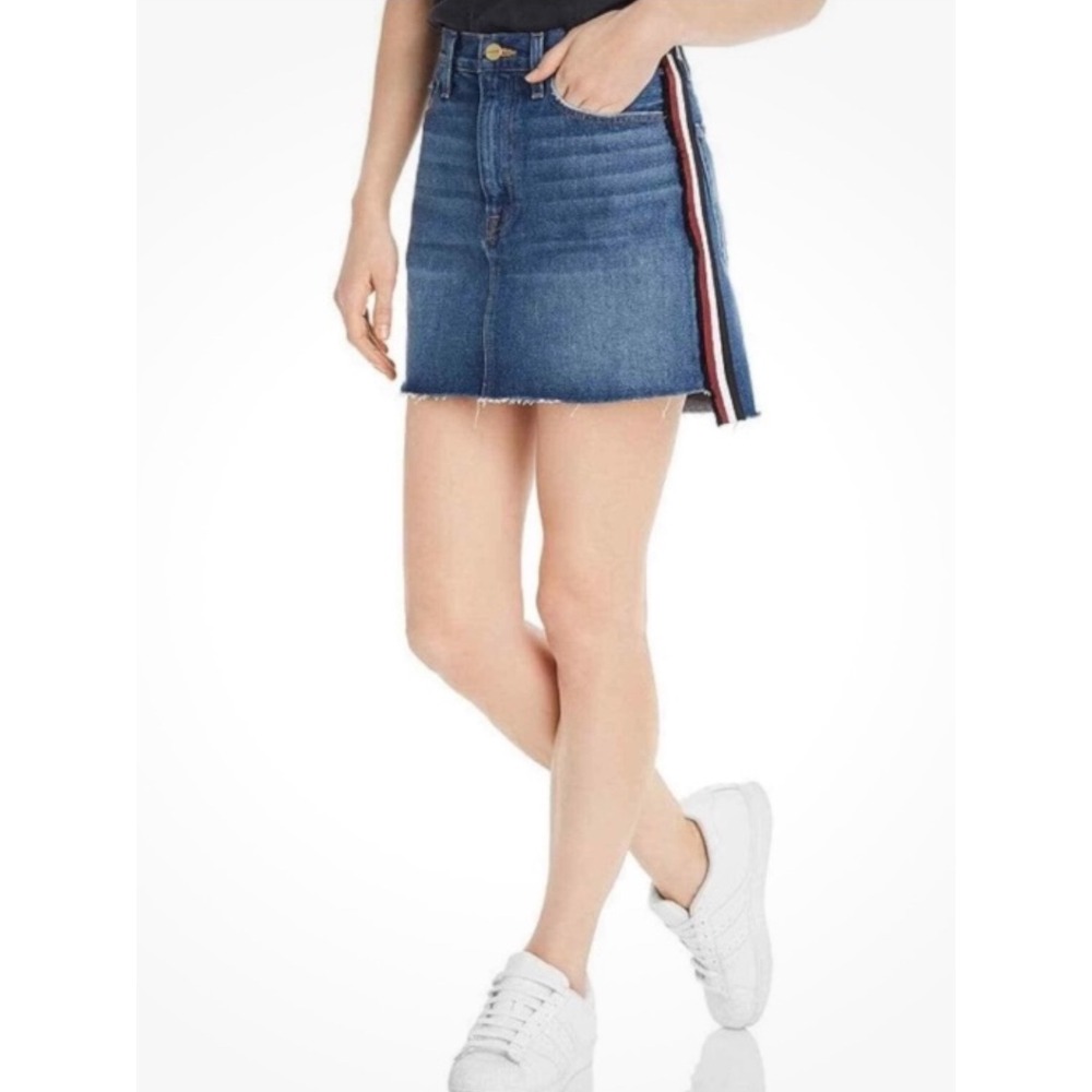 FRAME Le Mini Raw Stagger Hem Side Stripe Denim Jean Skirt Womens 24 Blue Boho